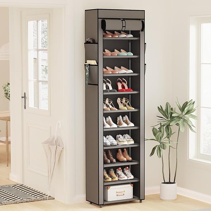 Mavivegue Shoe Rack with Cover, 10 Tier Tall Shoe Organizer for 18-22 Pairs of Shoes, Shoe Storage Organizer for Entryway, Closet, Garage, Grey-NeatNest