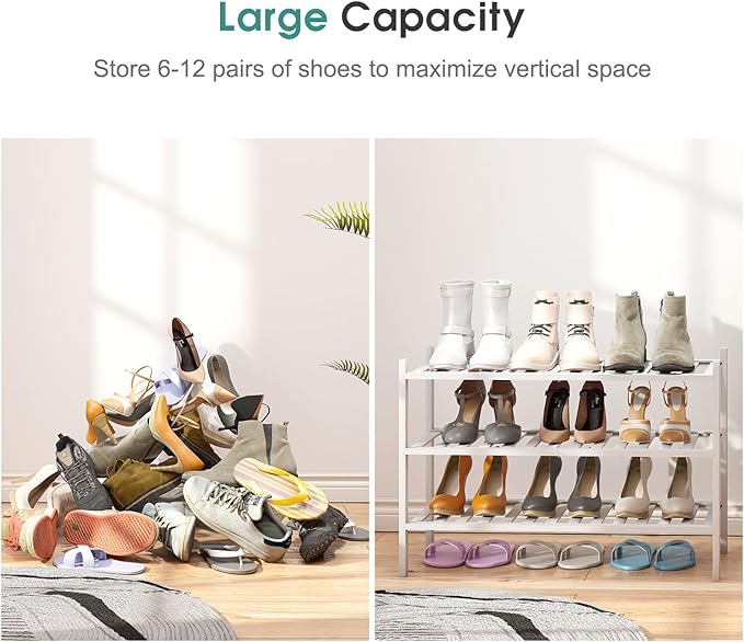 White Shoe Rack, 3-Tier Bamboo Wood Shoe Rack for Closet, Entryway & Hallway, and Stackable Shoe Shelf Storage Organizer for Indoor and Outdoor-NeatNest