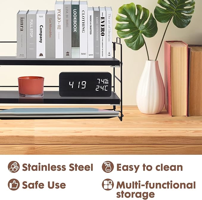 PowerKing Desk Shelf Organizer, 2-Tier Desktop Shelves with Wood Board, Adjustable Bookshelf Storage Rack for Home Office School Study Room (Black Frame + Black Wood)-NeatNest