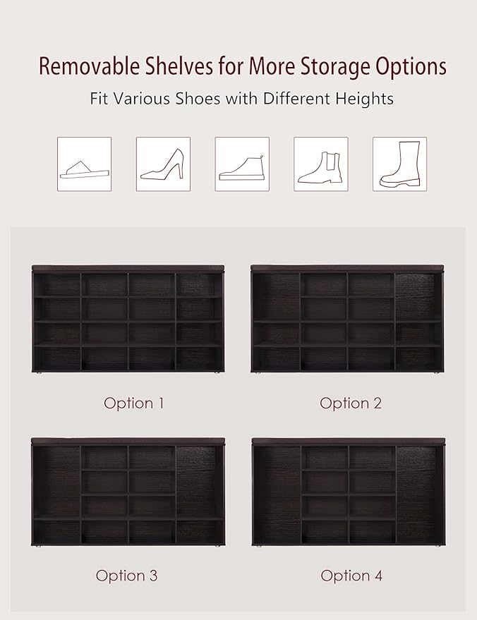 DINZI LVJ Shoe Storage Bench with Cushion, 16-Cubby Shoe Rack, Adjustable Shelves, Multifunctional Shoe Organizer Bench for Entryway, Mudroom, Hallway, Living Room, Bedroom and Garage, Espresso-NeatNest