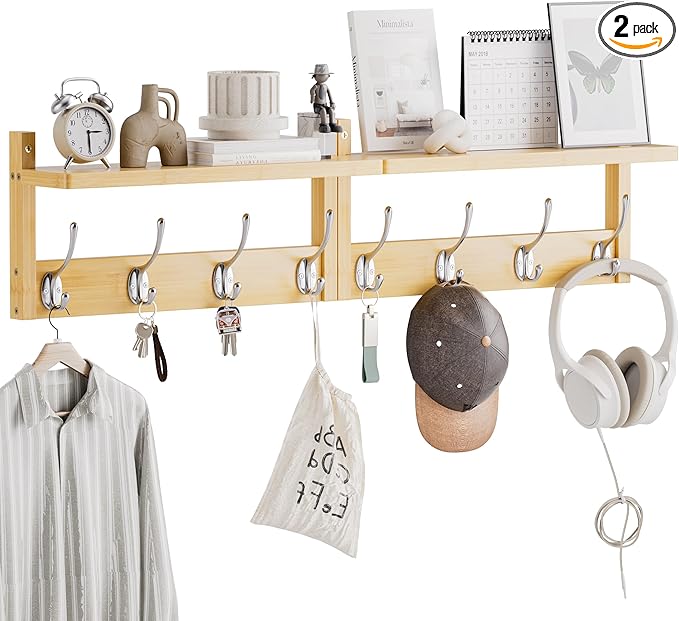 Coat Rack with Shelf, 2 Pack Bamboo Wall-Mounted Coat Hanger with 8 Hooks for Entryway, Hallway, Kitchen, Bathroom, Living Room, Utility Room (Natural)-NeatNest