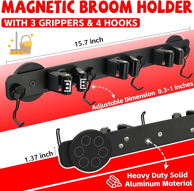 Magnetic Mop Broom Holder,Heavy Duty Movable Magnetic Wall Mount Tool Racks,No Drilling Utility Storage Shovel Hanger for Garage,Closet,Garden,Kitchen,Laundry (4 Hooks 3 Grippers,Black)-NeatNest