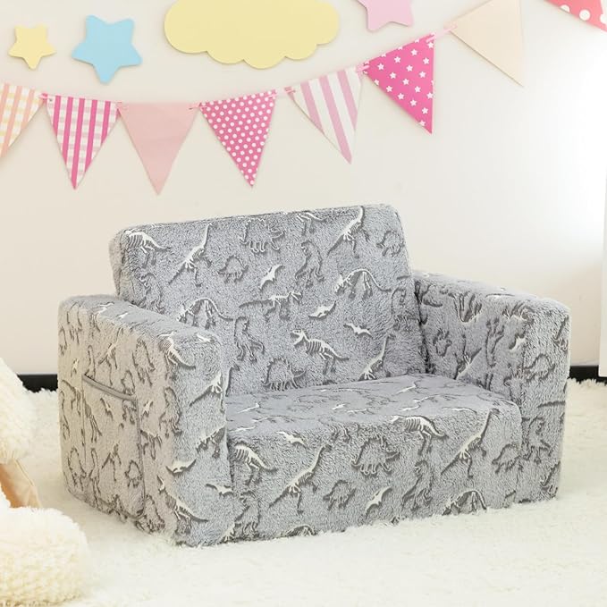 ALIMORDEN 2-in-1 Flip Out Cuddly Sherpa Toddler Couch, Convertible Sofa to Lounger, Glow in The Dark,Dinosaurs-NeatNest
