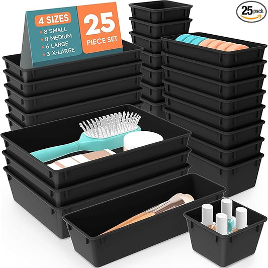 25 PCS Plastic Drawer Organizer Set, 4-Size Versatile Organizer Trays & storage Bins for Makeup, Jewelry, and Gadgets in Bathroom, Bedroom and Office, Black-NeatNest