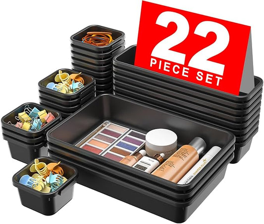 【𝟮𝟮𝗣𝗖𝗦】A-LUGEI Plastic Black Desk Drawer Organizer, Bathroom Organizers and Storage, Makeup Organizer, Organization and Storage Bin Container for Vanity Office Utensils Tool Pantry Cosmetic-NeatNest