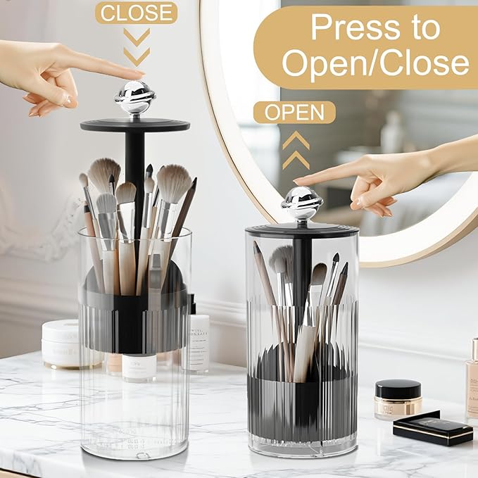 Makeup Brush Holder [Upgrade] with One Touch Open,Makeup Organizer Countertop with Dustproof Lid,Clear Makeup Organizers for Vanity, Desktop, Bathroom (Black)-NeatNest