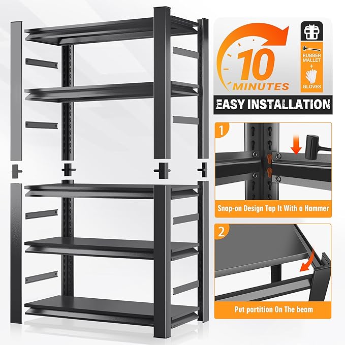 63''H Garage Shelving 3000 LBS Heavy Duty Garage Storage Shelves, Adjustable 5 Tier Metal Industrial Shelving Units Utility Shelves for Warehouse, Basement,15.75''Dx32''Wx63''H, Black