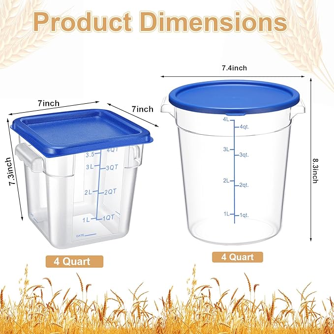 4 Pcs Food Storage Container with Lids Set 4 Qt Square and Round Clear PC Commercial Containers with Scale Handle for Home Restaurant Kitchen Food Storage, Dough Rise, Flour (Blue)