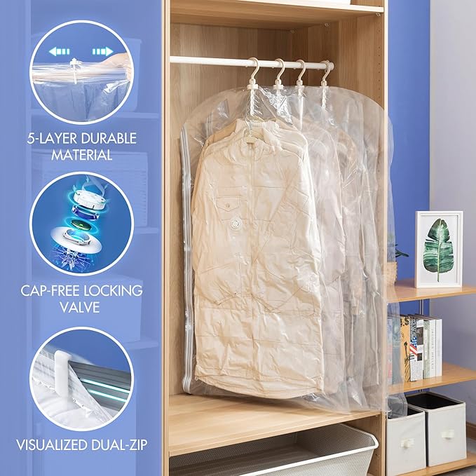 Hanging Vacuum Storage Bags, 4 Pack (41.3 x27.6 inch), Vacuum Seal Bags for Clothing, Garment Storage for Jacket, Suits, Dresses, Closet Oragnization and Storage-NeatNest