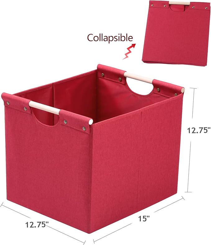 HOONEX Large Collapsible Storage Bins, Linen Fabric, Pack of 2, Storage Baskets with Wooden Carry Handles and Sturdy Heavy Cardboard, for Home, Office, Car, Nursery, Red