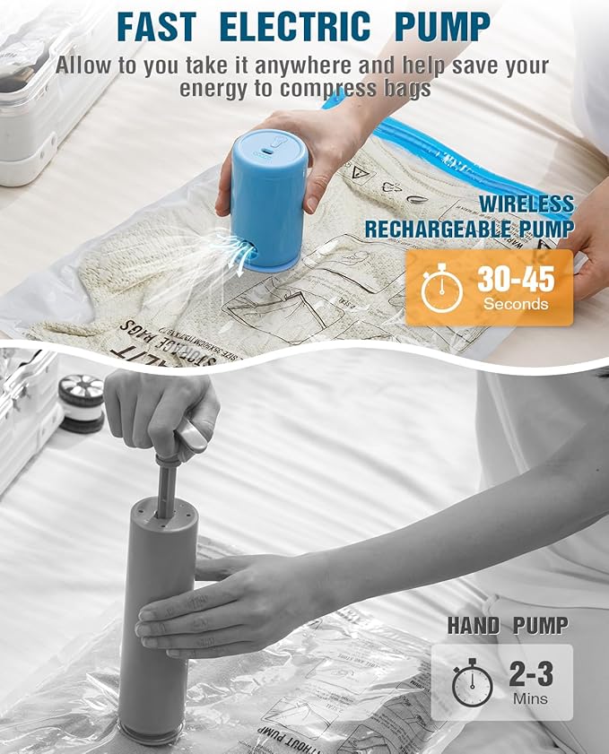 Vacuum Storage Bags for Travel, 12 Pack (4M+4S+4XS) Vacuum Seal Bags with Wireless Rechargeable Electric Pump, Travel Essentials Space Saving Bag for Clothes, Luggage, Carry-on Suitcase, Backpack-NeatNest