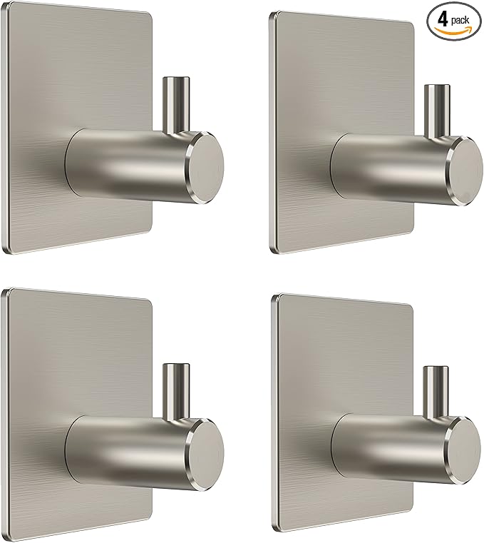 Brushed Nickel Self Adhesive Towel Hooks for Bathroom Wall Door Mounted - SUS304 Stainless Steel Strong Strips Stick on 3M Wall Hooks for Hanging Coat, Hat, Bag, Key, Jacket – 4 Pack-NeatNest