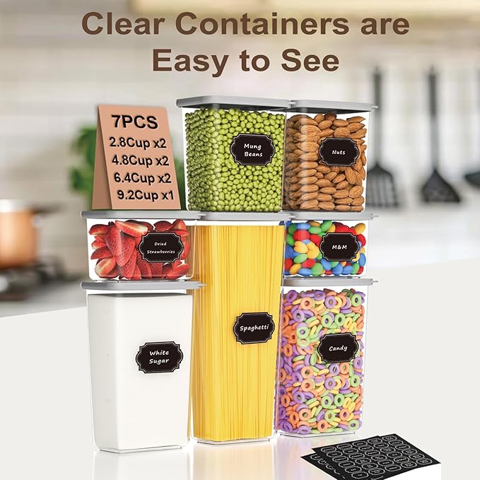 Airtight Food Storage Containers With Lids 7pcs Organization Canisters Kitchen Bpa Free Plastic Pantry Containers Storage Set for Pasta, Cereal, Dry Food, Flour and Sugar-60 Labels