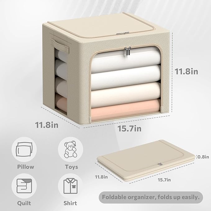 3Pack Frame Storage Box - Clothes Storage Bin Bags Oxford Fabric Foldable Stackable Container Organizer Set with Clear Window & Carry Handles (Beige, X-Small-36L)-NeatNest