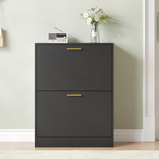 Shoe Cabinet with 2 Flip Drawers, Black Shoe Cabinet Storage for Entryway, Modern Shoe Organizer Wood, Freestanding Small Thin Shoe Racks with Doors, Black-NeatNest