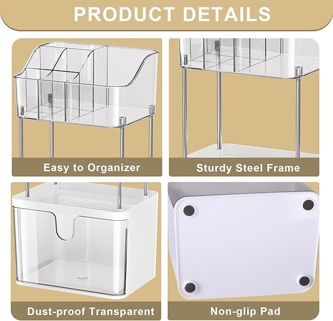 Makeup Organizer Countertop with Drawer, Bathroom Counter Organizers, Anti-Slip Dustproof Exquisite Dresser Vanity Storage for Skin Care Perfume Beauty Lipstick,Clear