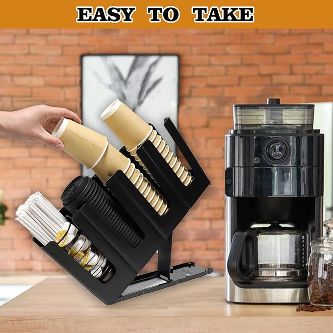 2 Pack Paper Cup and Lid Holder, Adjustable Coffee Cup Holder with Straw Organizer, 4 Compartment Disposable Cup Dispenser with Coffee Pod Basket for Countertop Coffee Station Bar Breakroom, Black-NeatNest
