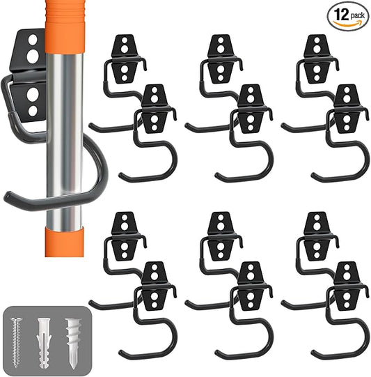 LIGHT DUST Broom Holder Wall Mount - 12 Pack Tool Hangers Garage Wall Hanging Organizer - Heavy Duty Metal Large S Hooks for Mop Shovel Rake Shed Garden Lawn Yard Handle Tools Organization (Black)-NeatNest