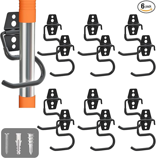LIGHT DUST Broom Holder Wall Mount - 6 Pack Tool Hangers Garage Wall Hanging Organizer - Heavy Duty Metal Large S Hooks for Mop Shovel Rake Shed Garden Lawn Yard Handle Tools Organization (Black)-NeatNest