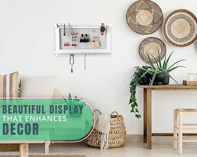 Comfify Rustic Jewelry Organizer - Wall Mounted Jewelry Holder w/Removable Bracelet Rod, Shelf & 16 Hooks - Perfect Earrings, Necklaces & Bracelets Holder - Pure White-NeatNest