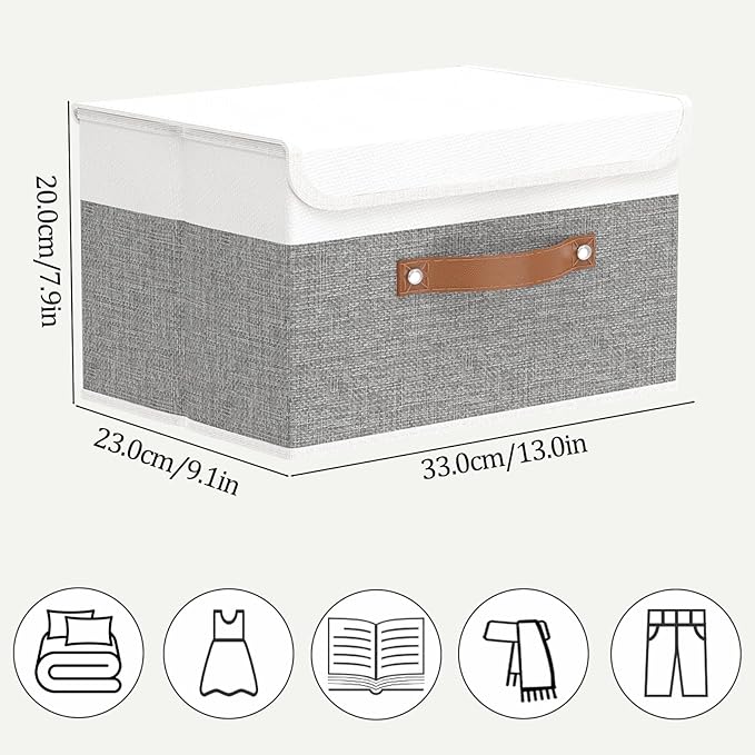OUTBROS Large Foldable Storage Bins, Linen Fabric Box with Lid, Organiser for Shelves, Cubes For Towels, Clothes, 13 x 9.1 x 7.9 inch (White/Grey, 1-Pack)-NeatNest