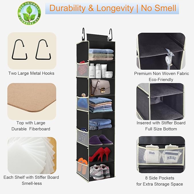 2 Pack Large-Sized Hanging Shoe Organizer 8-Shelf, Hanging Closet Organizer with 8 Side Pockets, Wider Hanging Shelves for Storage Shoes Clothes 9" W × 11.8" D× 48" H, Black.-NeatNest