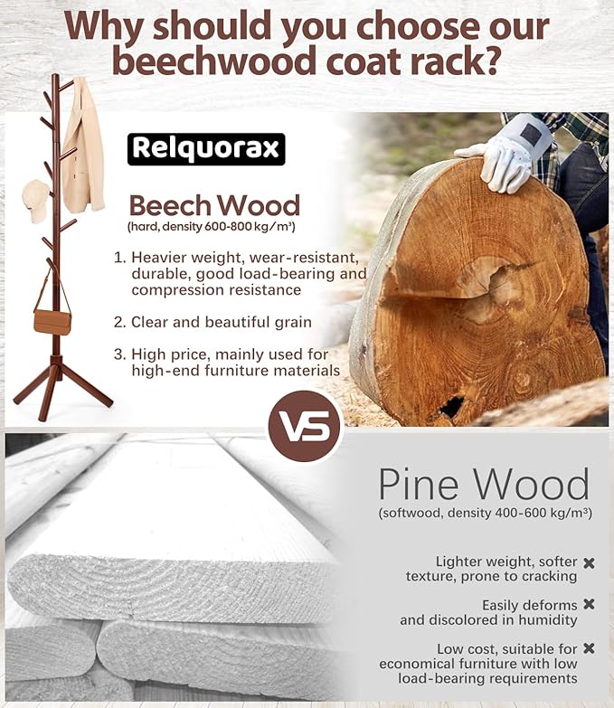 Beech Wood Coat Rack Stand with 9 Hooks, 3 Height Adjustable, simple Freestanding Solid Wooden Coat Tree Hanger for Clothes, Hats, Scarves, bags, Jackets, Bedroom, livingromm, Office(Brown)-NeatNest