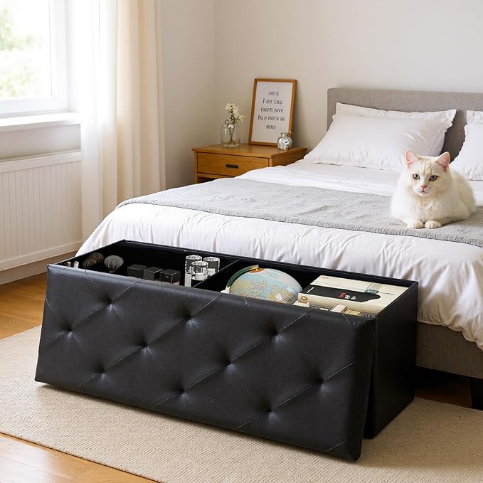 DUMOS 43 Inches Foldable Storage Ottoman Bench, Foot Rest Stool, Synthetic Leather Storage Chest with Thicker Foam Padded Seat for Entryway Living Room, Modern Black