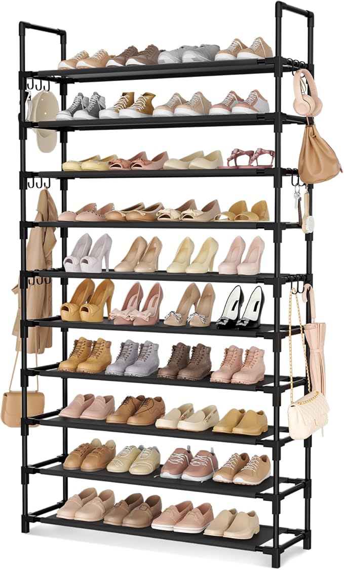 Tall Shoe Rack 10 Tier Shoe Organizer Large Shoe Shelf with 18 Hooks Storage for 50 Pair Sneaker and Boot, Stackable Vertical Shoe Rack Organizer for Closet, Entryway, Bedroom-NeatNest