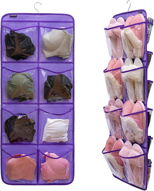 Dual-Sided Hanging Closet Organizer for Socks Underwear Bra Kids Storage Organizer for Baby Clothes Toddler Shoes with 26 Pockets (Purple-Clear Pockets)-NeatNest