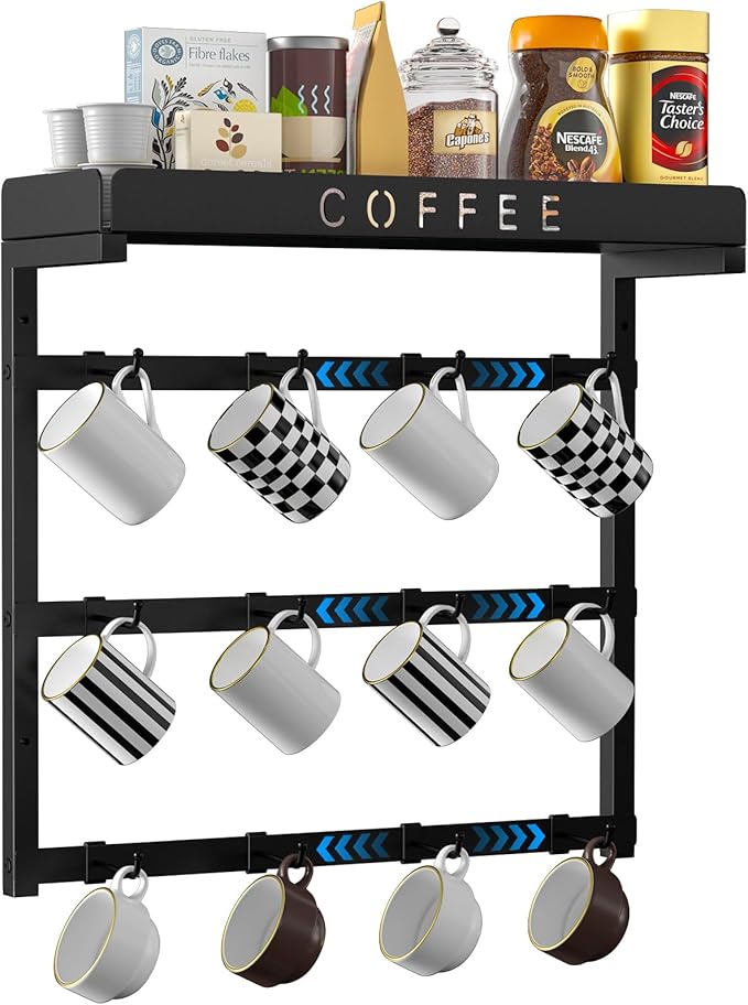 Coffee Mug Holder Wall Mounted with 12 Movable Hooks, Metal Coffee Cup Holder with Top Shelf, Mug Rack Wall Mount for Home Kitchen Display and Collection-NeatNest