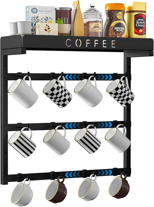 Coffee Mug Holder Wall Mounted with 12 Movable Hooks, Metal Coffee Cup Holder with Top Shelf, Mug Rack Wall Mount for Home Kitchen Display and Collection-NeatNest