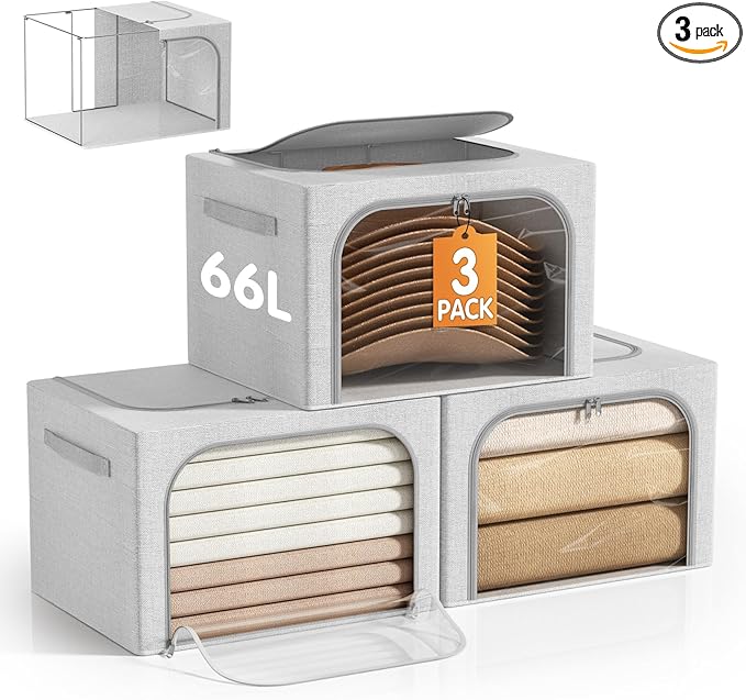 3 Pack Clothes Storage Bins with Metal Frame, Stackable & Foldable Linen Storage Box with Lids, Closet Organizers And Storage For Bedding, Blanket, Sweater, Baby Clothes. (Large 66L)-NeatNest