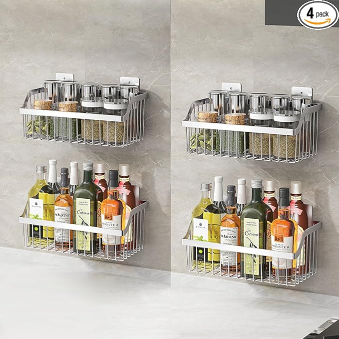 Hanging Kitchen Baskets, Storage Spice Shelf, Wall Mount Storage Baskets, SUS304 Stainless Steel Basket for Kitchen, Bathroom, Storage, 4 Pack, L 11.8Inch, D 6.3Inch, H 4.75Inch-NeatNest