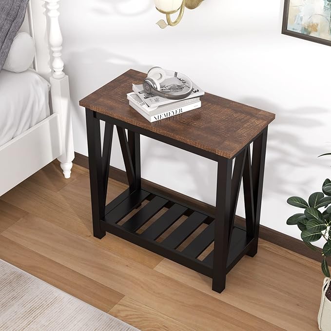 ChooChoo Farmhouse End Table, Rustic Vintage Narrow End Side Table with Storage Shelf for Small Spaces, Nightstand Sofa Table for Living Room, Bedroom Black 2 Pack-NeatNest