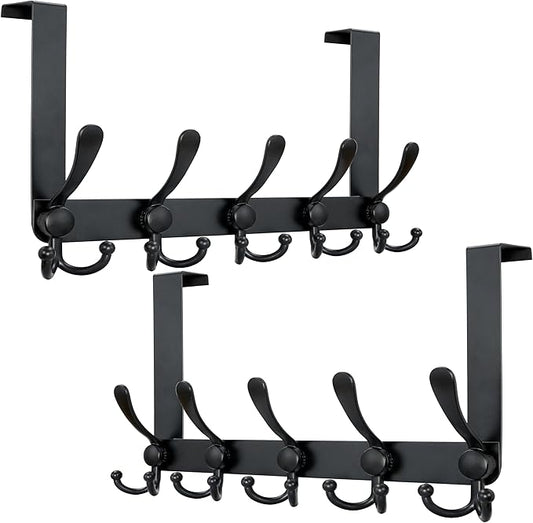 Dseap Over Door Hook 2.0 - Upgraded Version - Simple-Assembly, Strong, Heavy-Duty Stainless Steel 5-Tri-Hook Over The Door Hanger Rack, SimpleStrong Series, Black, Pack of 2