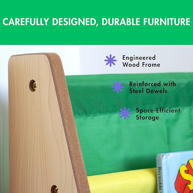Humble Crew 4-Tier Kids Bookshelf, Natural Wood/Primary - Premium Book Shelf for Kids Rooms with Four Deep Pockets - Toddler Sling Book Rack with Deep Sleeves, Nursery Bookcase Organizer
