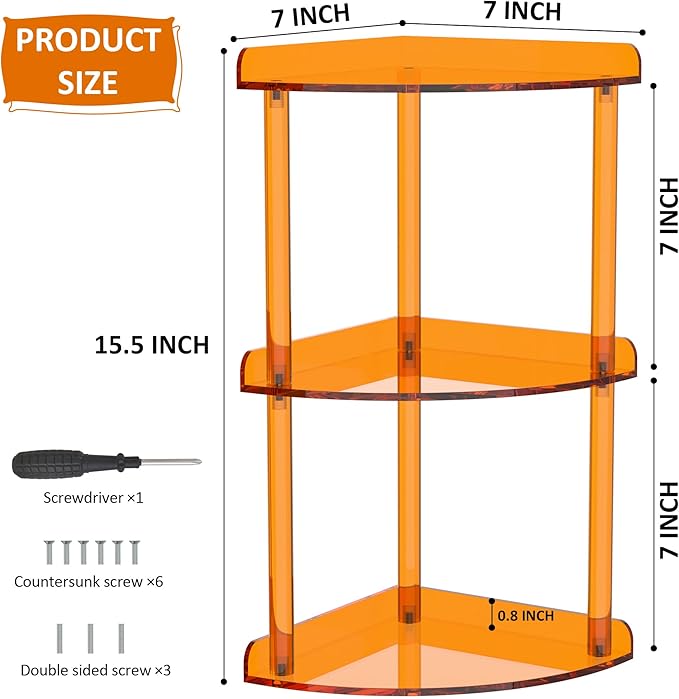 3 Tier Countertop Corner Organizer Shelf 7x7x15.7 Inch, Orange Countertop Acrylic Bathroom Corner Shelf, Vanity Storage Organizer for Cosmetics, Toiletries-NeatNest