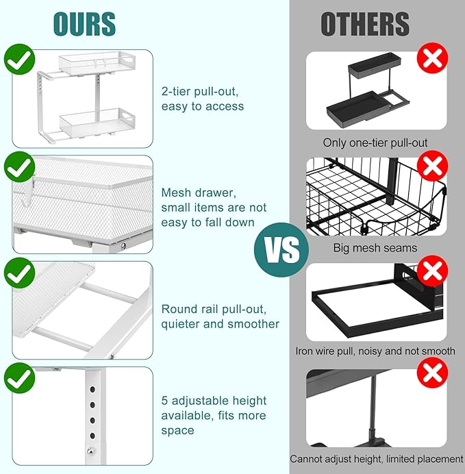 Under Sink Organizer, 2 Tier Metal Pull Out Under Sink Storage with Sliding Mesh Drawers, Height Adjustable Slide Out Under Sink Organizer Shelf for Kitchen Bathroom Cabinet, White-NeatNest