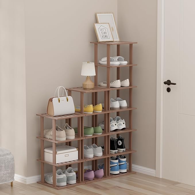 Bamboo Shoe Rack for Front Door Entrance, Brown Vertical Shoe Rack - Tall Narrow Shoe Rack Organizer for Small Spaces, Wooden Shoe Shelf for Closet and Entryway, Space Saving 7 Tier Stackable-NeatNest