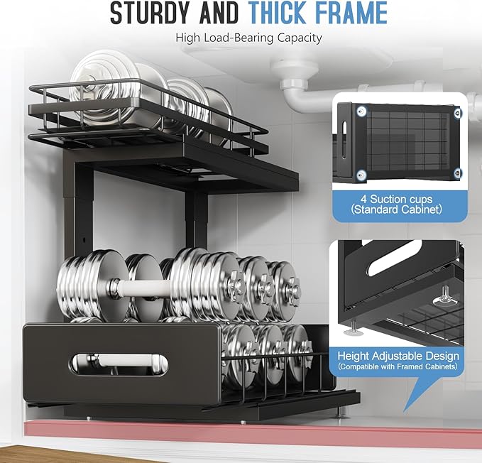 1 Pack Under Sink Organizer Upgrade To Professional Rails,2-Tier Dual Pull Out Cabinet Storage,Height Adjustable Slide Out Drawers For Bathroom Kitchen,Under Sink Shelf-Black-NeatNest