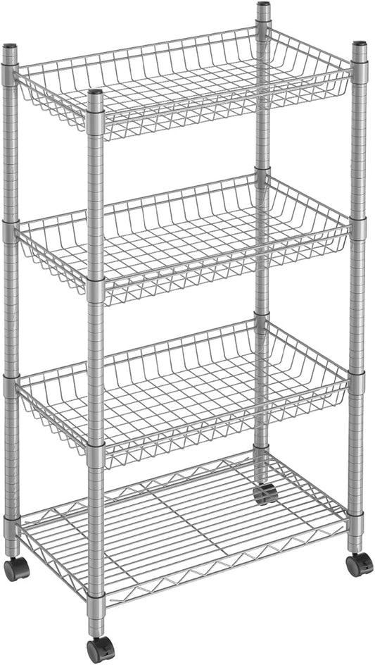 4 Tier Wire Shelving Wire Basket Shelf Storage Cart Adjustable Metal Shelf 2 Bottoms for Choose(Castor or Leveling Feet) for Office,Kitchen,Bedroom,Silver(23.23" L x 13.11" W x 49.21" H)