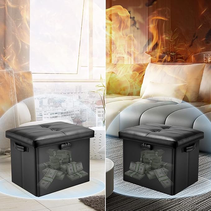 DocSafe Storage Ottoman with Lock,Fireproof Folding Ottoman Foot Rest Stool Storage Chest with Storage Safe for Important Documents,Waterproof 17 Inches Short Ottoman Foot Stool with Handles,Black-NeatNest