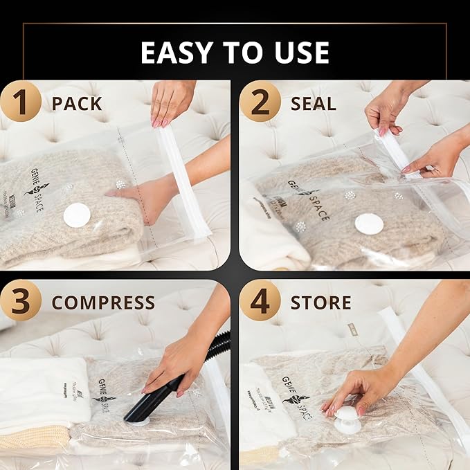GENIE SPACE Max Vacuum Storage Bags - Pack of 4, 43x35in | Strong XXL Jumbo Size Space Saving Bags | Premium Airtight & Reusable Vacuum Bag for Clothes, Duvets, Curtains, etc. | inc Travel Pump-NeatNest