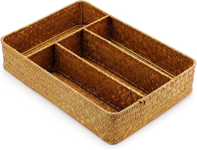 DECRAFTS Seagrass Storage Basket with Compartments Utensil Tray for Organization Silverware Flatware Rectangular Shelf Baskets with 4 Sections Natural-NeatNest