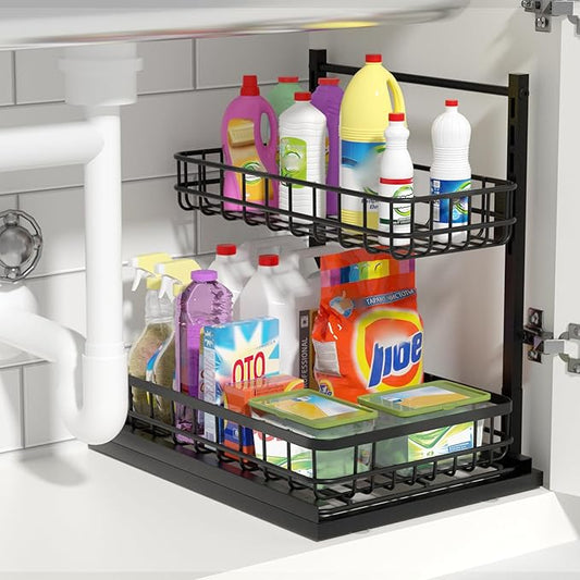 Under Sink Organizer, Adjustable Height Pull-Out Kitchen Storage Organization,15.8" x 11.8" x 16.5",2-Tier Kitchen Shelf,Bathroom Drawer Organizer, Black-NeatNest