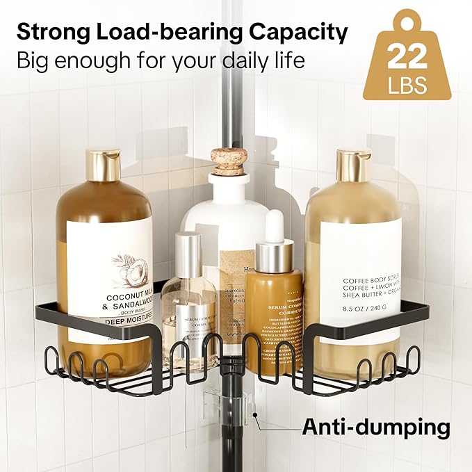 Corner Shower Caddy Tension Pole Adjustable 29–124 Inch, 4 Tier Shower Organizer, Rustproof Shower Racks for Bathroom Storage, Black
