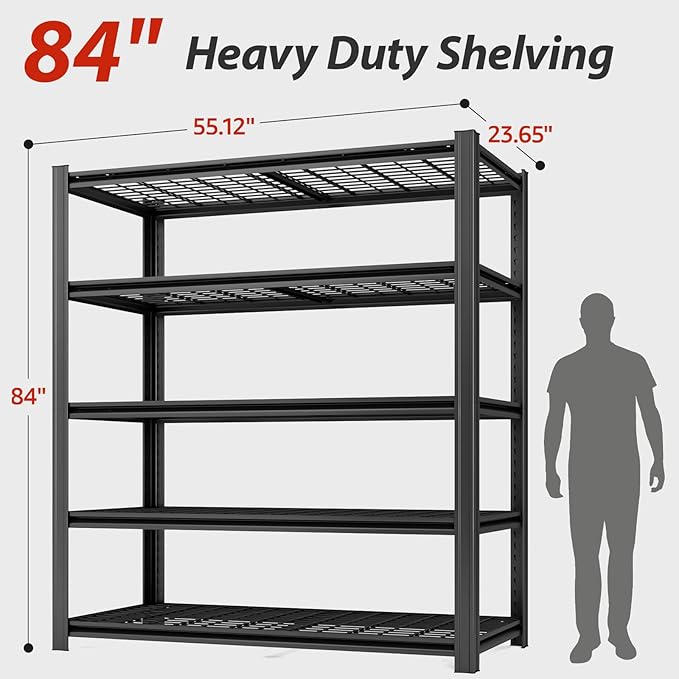5 Tier Metal Storage Shelves, 3000LBS, 84" H x 55.12" W x 23.62" D, Heavy Duty Garage Shelving, Adjustable Shelving Unit for Warehouse, Basement, Kitchen, Store Display, Flower Stand, Black-NeatNest