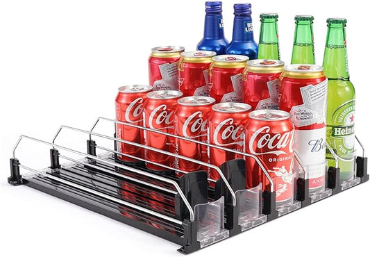 Drink Dispenser for Refrigerator, Self-Pushing Soda Can Organizer for Fridge, 5 Rows already Assembled, Automatic Can Dispenser with Spring Loaded for Refrigerator Holds 25 cans, Black