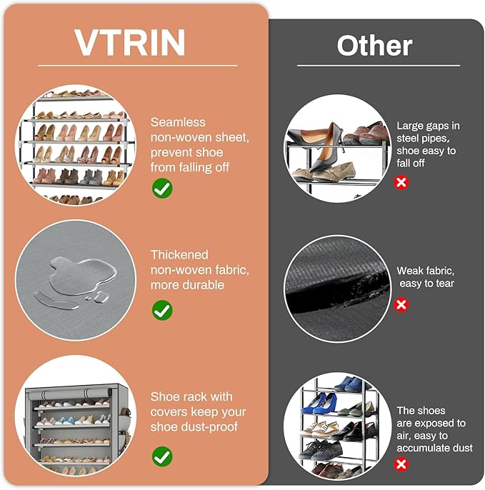 VTRIN Tall Shoe Rack with Cover, 10 Tier Shoe Organizer Storage for 50-55 Pairs Shoes and Boots Large Capacity Shoe Shelf with 8 Pockets Free Standing Shoe Rack for Closet, Entryway, Garage, Grey-NeatNest